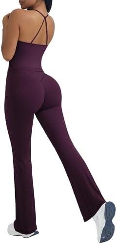 OMKAGI 2 Piece Workout Sets for Women Padded Tank Tops Flare Leggings Pilates Outfits S