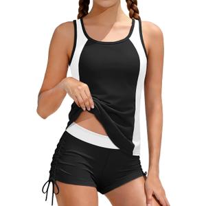 Girls Swimsuit Two Piece Color Block Adjustable Strap Tankini Sets with Drawstring Shorts Bathing Suit for Girls 9-16Y (15-16 Years, Blackwhite)