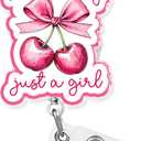 I'm Literally Just A Girl Badge Reel Retractable 1.6 Inches Feminist, Girly, Cherry Bow, Pink Alligator Clip/Belt Clip, Acrylic Material, Badge Holder, Lanyards for Id Badges