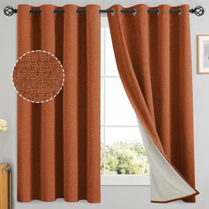 Yakamok Burnt Orange Linen Curtains 100% Blackout 63 Inches Long,Room Darkening Textured Curtains for Living Room Thermal Grommet Bedroom Curtains 2 Panels with White Liner