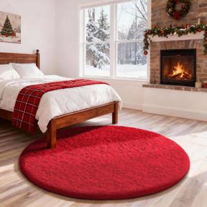 Ophanie Round Rug 4Ft Red Circle Area Rug, Christmas Room Decor, Aesthetic Nursery Bedroom Carpet, Fluffy Fuzzy Plush Soft Shaggy Living Room Rugs for Kids Boys Girls Home, Classroom