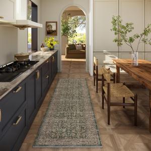 Machine Washable Hallway Runner Rugs: 2'x6' Kitchen Rug Stain Resistant Non Slip Low Pile Soft Carpet Runners for Hallways Indoor Entryway Kitchen Laundry Room Bedroom Bathroom Farmhouse (Dark Green Brown)