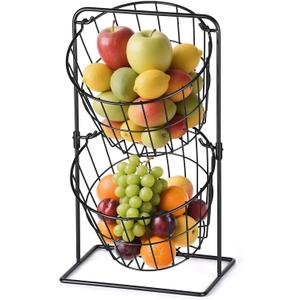 2 Tier Fruit Basket , Countertop Fruit Vegetable Bowl for Kitchen Counter Metal Wire Storage Basket Fruits Stand Holder Organizer for Bread Snack Veggies Produce（Black）