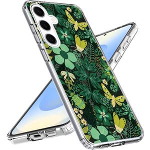 Compatible with Samsung Galaxy S25 Case - Nutral Green Plants Flowers Moth Insect Design Shockproof Soft TPU Cover Clear Case for Women Girls Boys Men