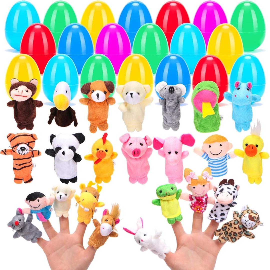 YEAHBEER 24 Pcs Easter Eggs Filled with Finger Puppets, Prefilled Easter Eggs Cartoon Animal Puppets for Easter Basket Stuffers, Easter Egg Hunt, Easter Party Favor for Kids