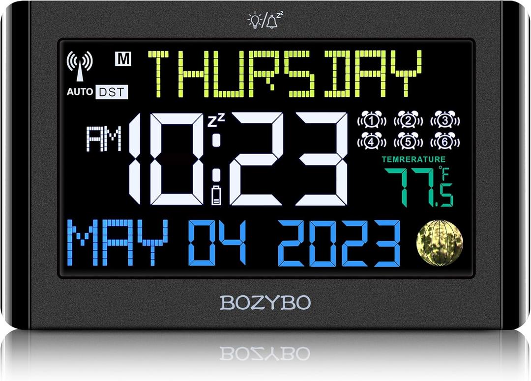 Digital Clock with 6 Alarm Clocks: Atomic Clock with Indoor Temperature Self Time Correction Clock with Day and Date for Elderly Adjustable Brightness Wall Clock or Desk Clock for Bedroom (Plug in Black)