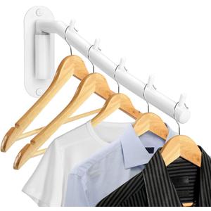 Sumnacon Stainless Steel Clothes Hanger Rack-Wall Mount Clothing Rack with Swing Arm, Sturdy Clothing Hanger Rack for Laundry Room Bedrooms Clothing Drying Rack with 5 Hooks, White