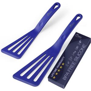 HOTEC 600 Heat Resistant Silicone Slotted Fish Turner Spatula Set, BPA Free Kitchen Cooking Spatulas, for Non Stick Cookware Dishwasher Safe Classic Blue, set of 2