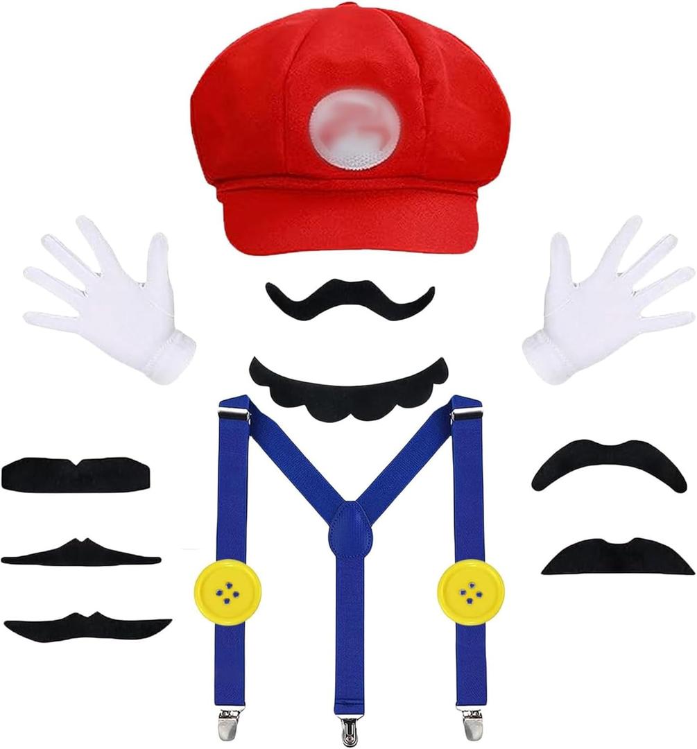 Bros Mary & Luigi Hat Costume Mustaches Gloves Buttons for Halloween Costume Cosplay
