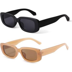 BUTABY Rectangle Sunglasses for Women Retro Driving Glasses 90s Vintage Fashion Narrow Square Frame UV400 Protection (Black Frame Grey Lens+beige Frame Brown Lens)