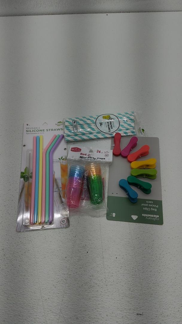 Home - 24ct Mini Party Cups - 8ct Bag Clips -6ct Reusable Silicone Straws - 24ct Paper Straws.
