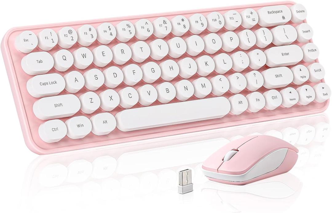 i68 Wireless Typewriter Keyboard and Mouse Combo,Pink Keyboard with 2.4GHz Connection, Cute Retro Aesthetic Design Round Keycaps for Tablet, Phone, PC and Win/Mac/Android (Pink)