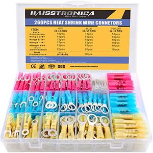 haisstronica 260PCS Heat Shrink Wire Connectors - Marine Grade AWG 26-10 Tinned Red Copper Crimper Terminals, Waterproof Butt Ring Fork Splice Connectors, 4 Colors, 19 Sizes