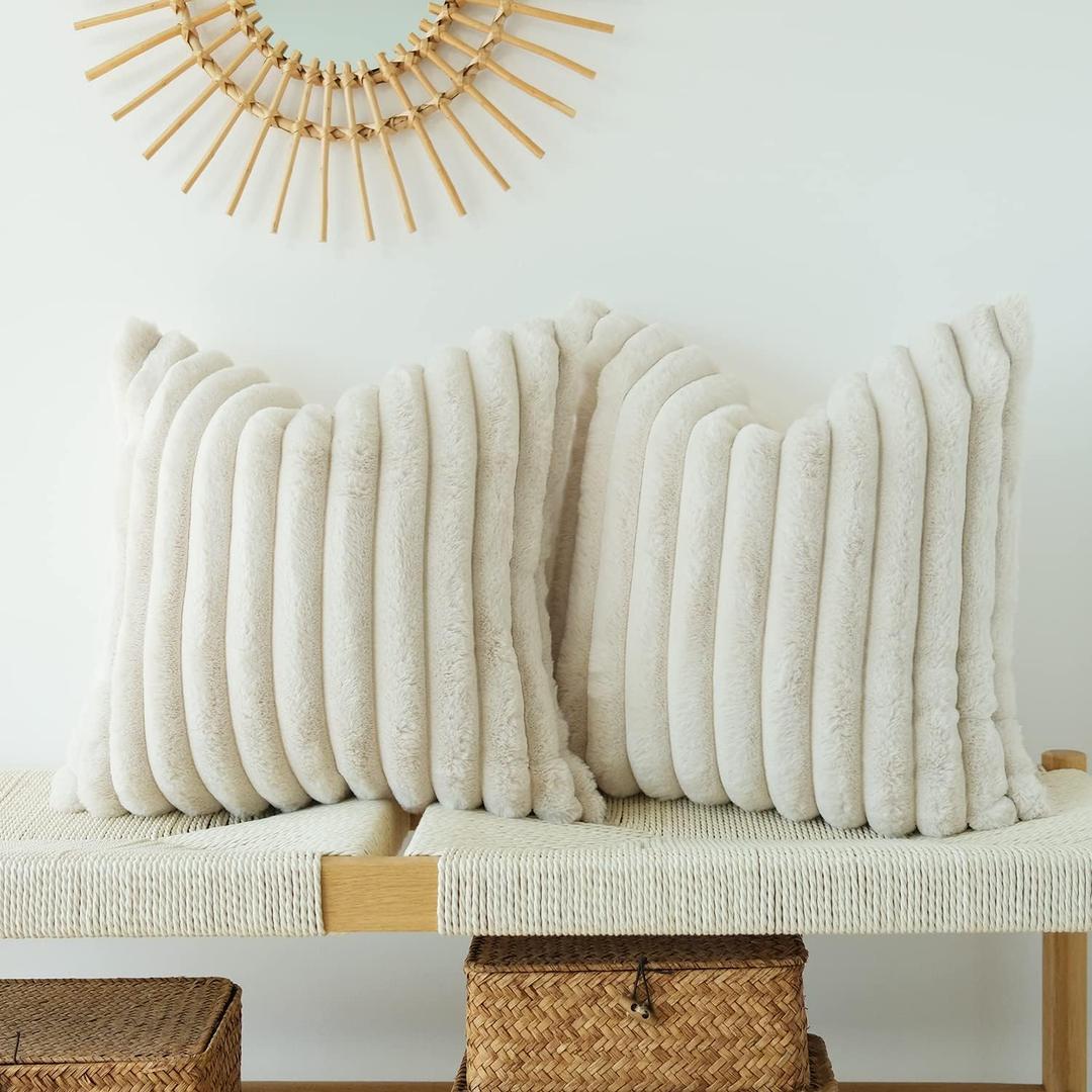JOJUSIS Pack of 2 Faux Fur Plush Decorative Throw Pillow Covers Couch Cushion Case Soft Pillowcases (Beige, 22 x 22-Inch)