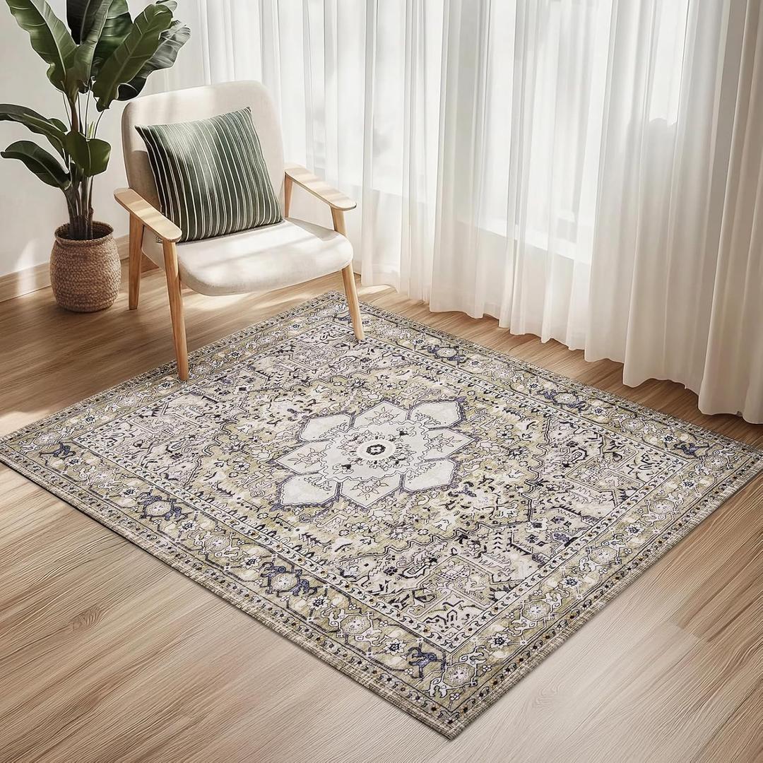 PURRUGS Vintage Farmhouse Boho Throw Rug 3x5 ft, Non-Slip Machine Washable Rug, Accent Oriental Area Rug for Entryway, Kitchen, Bedroom, Living Room and Dining Room, Taupe/Vanilla