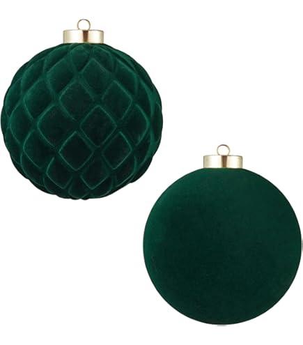 Velvet Christmas Balls Large Hanging Shatterproof Flocked Christmas Tree Ornaments for Xmas Tree Hanging, Holiday Wedding Party Decorations, Gifts and Home Decorations (Green, 6" (2pcs))