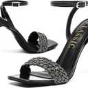 Women's Stiletto Heels, Crystal High Heels Rhinestone Silver Sandals Open Square Toe Ankle Strap Heels Strappy Dress Shoes for Party Wedding Bridal