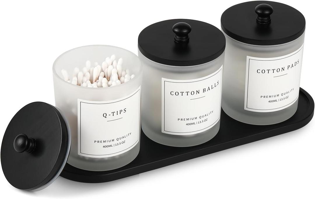 3 Pack Qtip Holder - Bathroom Organizers and Storage, Cotton Round Swab Holder Dispenser Cotton Ball Holder with Tray, Glass Apothecary Jars with Lids, Floss Pick Containers - ms black