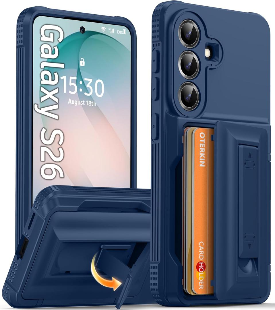 Oterkin for Samsung Galaxy S26 Wallet Case [4-5 Card Holder] [Kickstand] [RFID Blocking] [Full Camera Protection] [Military Grade Protection] Shockproof Rugged Phone Case for S26, Blue