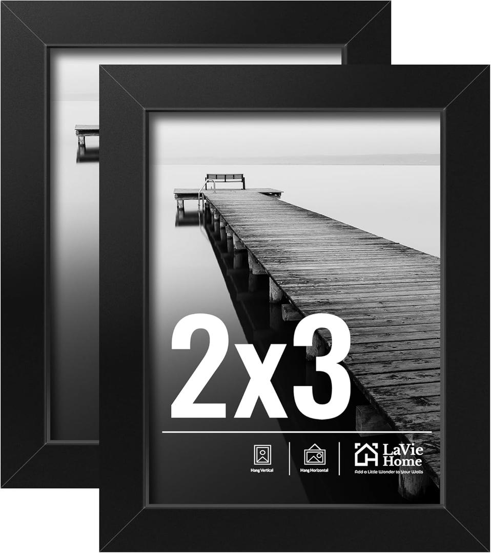 LaVie Home 2x3 Picture Frame 2 pack, Display Pictures 2 x 3 Photo Frame, 2x3 Black Frame with HD Plexiglas, Display Frame for Vertical or Horizontal, Classic Collection