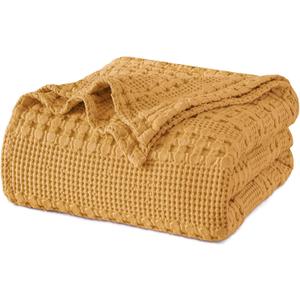 PHF 100% Cotton Waffle Weave Blanket King Size, Soft Lightweight Breathable Cozy Summer Blankets for Bed, Luxury Aesthetic Woven Bedding for Home Decor, 108"x90", Ginger/Honey Yellow