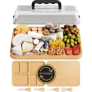 Charcuterie Board with Lid - Reversible, 2-in-1 Travel Portable Cheese Board for Picnics & Entertaining - Housewarming Gift Set Idea - Covered Snack Serving Tray - Large Food Platter (Natural Bamboo Wood)