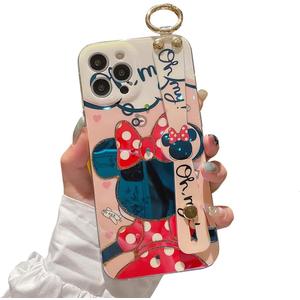 for iPhone 13 Pro Case Cute with Wrist Strap Kickstand Glitter Bling Cartoon IMD Soft TPU Shockproof Protective Cases Cover for Girls and Women - Minnie