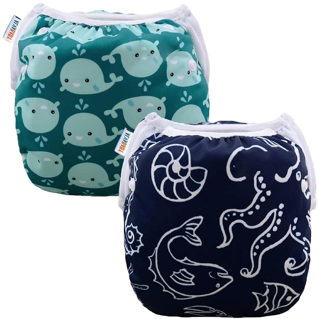 ALVABABY Swim Diapers 2pcs Baby & Toddler Snap One Size Reusable Adjustable Baby Boys' Swim Diapers for Swimming Lessons (Small, 01marine Animal Small)