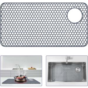 Silicone Sink Protector 28.3"x14.3" Right Drain Hole, Heat Resistant Non-slip Dishwasher Suitable, Large Sink Mat for Bottom of Farmhouse Kitchen Stainless Steel Sink