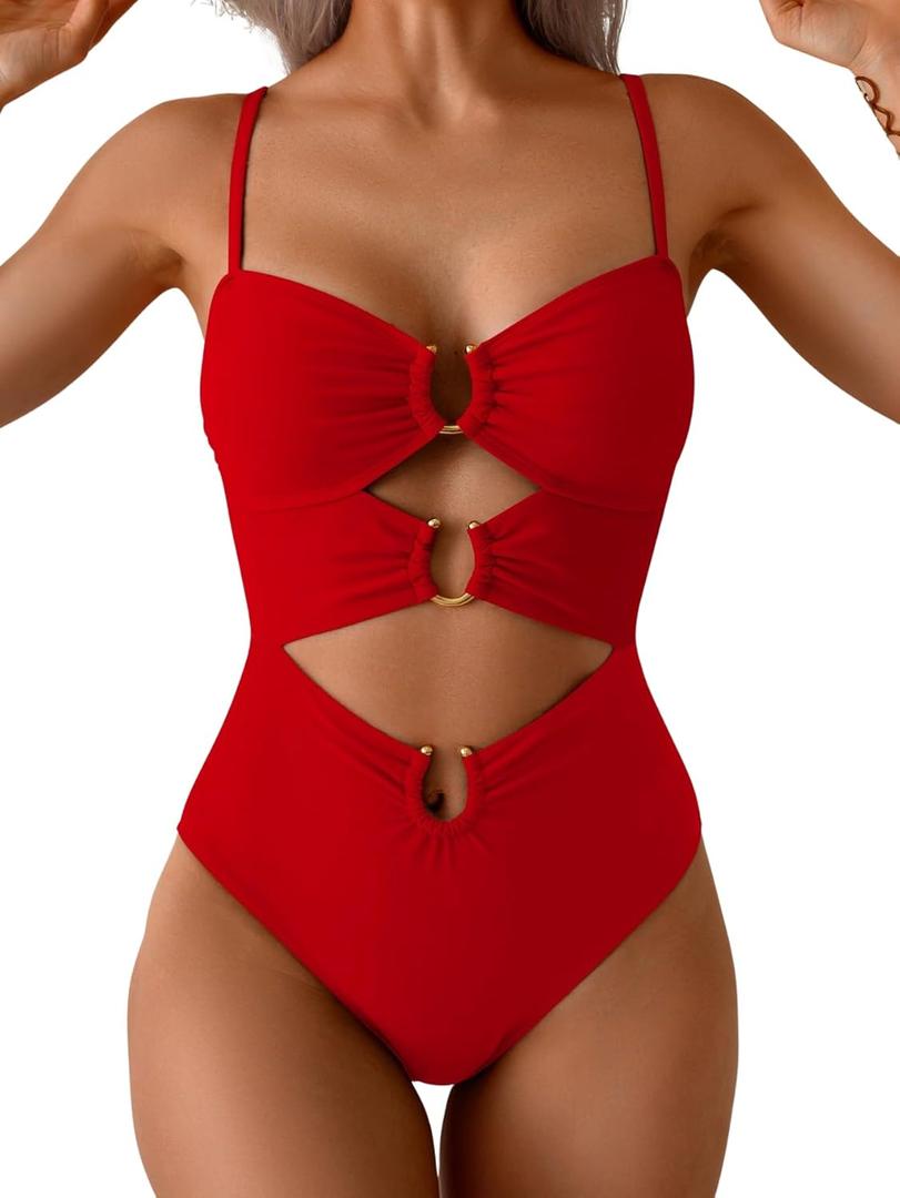 Eomenie One Piece Swimsuit for Women Ring Linked Monokini Sexy Bathing Suit Cutout Swim Suit (Large, Red)