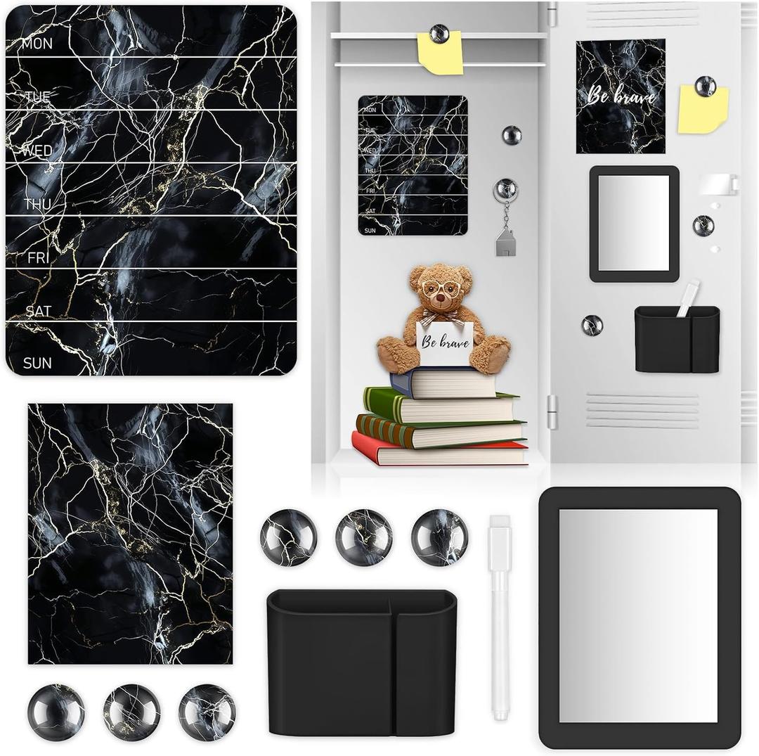 11 Pcs Black Marble Locker Accessories Kit with Magnetic Whiteboard Locker Mirror and Pen Holder Marble Lockers Organizer Decorations Back to School Essentials Decorations