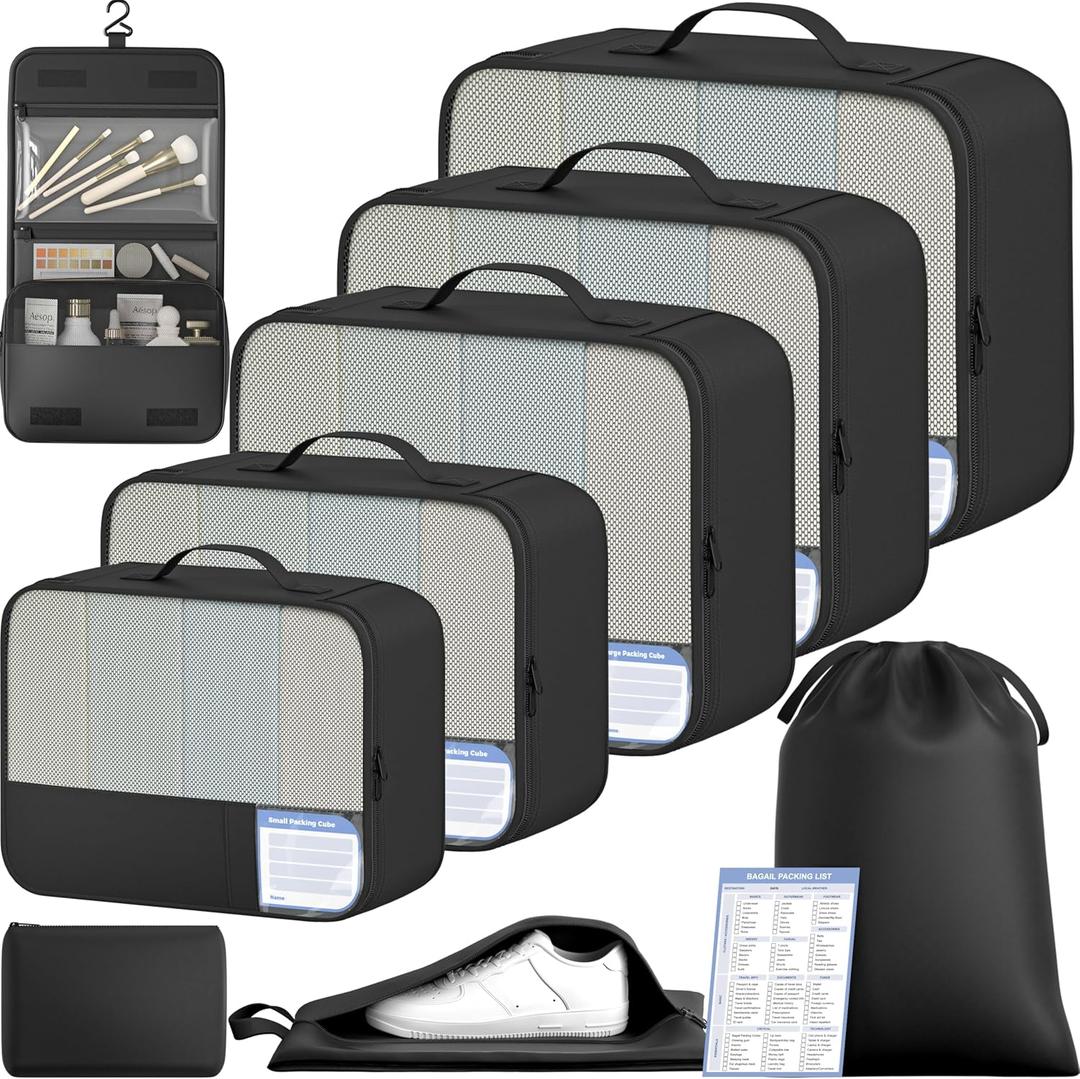 BAGAIL 9 Set Packing Cubes with Packing List Luggage Packing Organizers for Travel Accessories (Black)