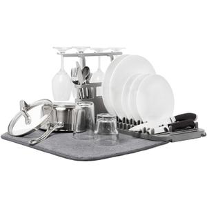 Umbra Udry Dish Rack and Microfiber Drying Mat  Space-Saving Design Folds Up for Easy Storage, Rack with Caddy, Gray (Charcoal)