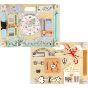 Double-Sided Wooden Busy Board for Toddlers, Sensory Activity Board, Montessori Travel Toy for Kids Age 3-5, Educational Toy for Autism, Ideal Choice for Baby Girls or Boys Birthday