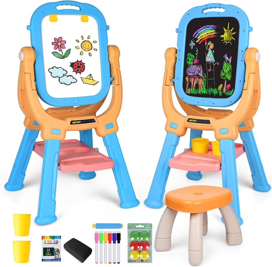 Toddler & Kids Art Easel with Stool & Supplies - Double-Sided Rotating Drawing Board for Ages 3-5, Foldable Anti-Tip Design - Space-Saving Home/Classroom Easel for Kids (Orange/Blue)