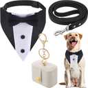 3 Pcs Dog Wedding Collar Outfit Include Dog Tuxedo Attire Wedding Ring Bearer Ring Holder Pouch Box Adjustable Pet Neck Bow Tie with Leash(Suit)