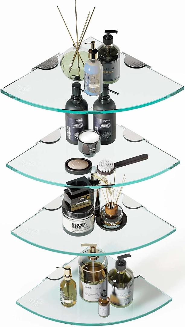 Set of 4 Bathroom Corner Glass Shelf Tempered Glass Shelves for Shower Wall Corner Caddy Basket Triangle Wall Shower Shelf Shampoo Bottle Holder No Drilling Adhesive Wall Mount Bathroom Shelf