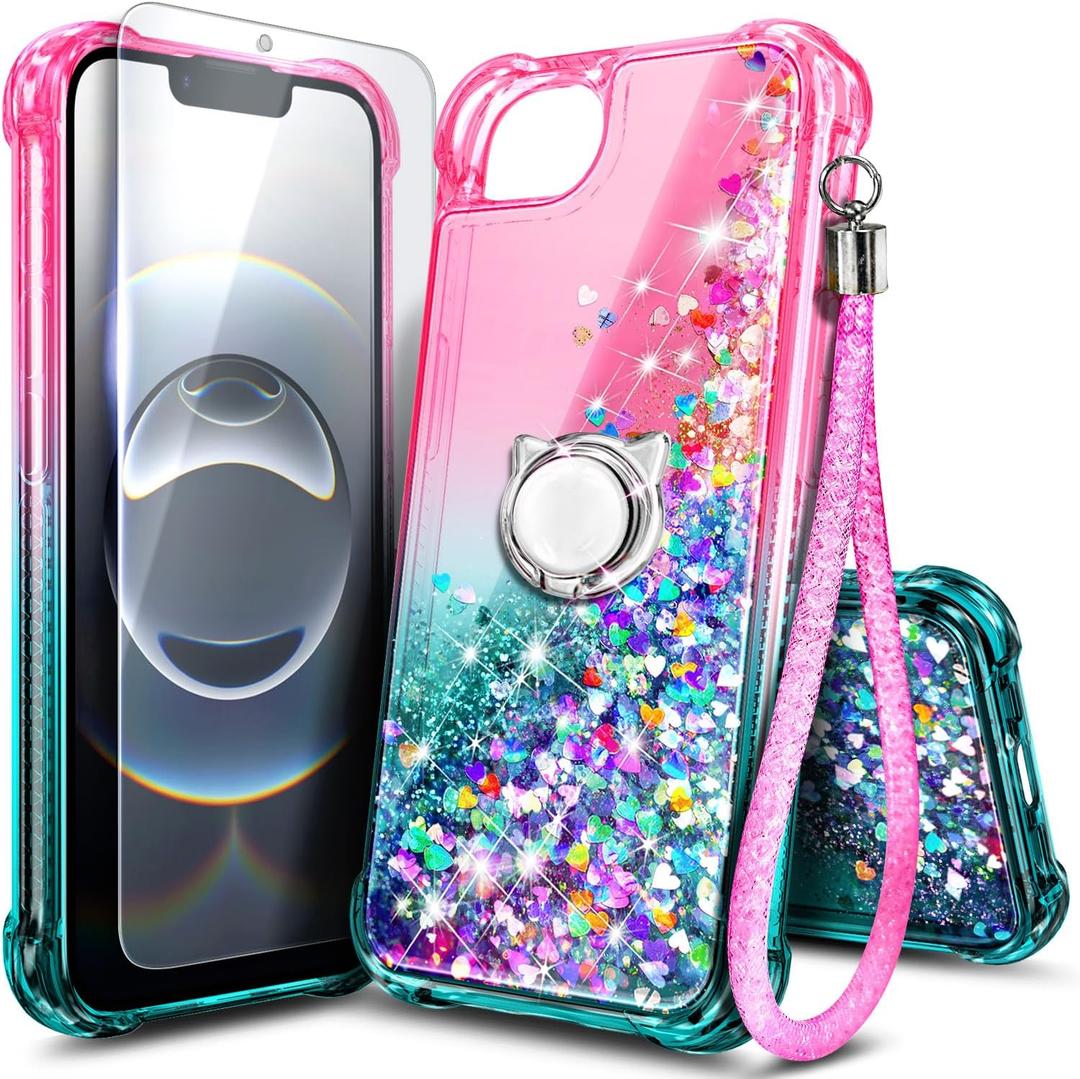 NGB for iPhone 16e & iPhone 17e Case, Glitter Liquid Sparkle Cute Cover for Women Girls Kids | with Tempered Glass Screen Protector & Ring Holder & Wrist Strap -Pink/Aqua