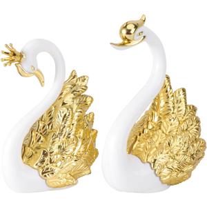 Veemoon 1 Pair Crown Swan Cake Topper Small Swan Figurine Bird Cake Decoration Creative Couple Statue Plastic Wedding Animal Ornament Gilded Bird Sculpture for Home Car Decor Party Celebrations