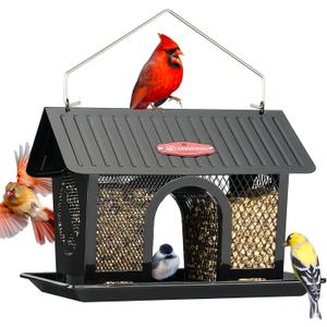 Kingsyard Bird Feeder for Outdoors Hanging, Dual-Use Metal Mesh Wild Bird Feeders with Seed Tray & Weatherproof Roof, 3 lbs Large Capacity, Black