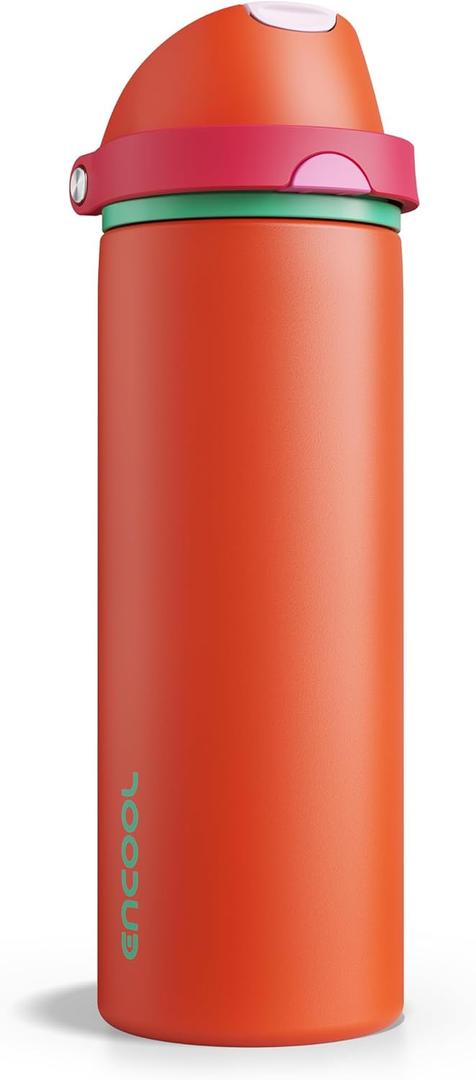 Insulated Water Bottle with Straw - Encool Stainless Steel Water Bottle with Push Button Lid, Leak-Proof & BPA-Free, Keeps Cold for 24 Hours for Sports, Travel, Gym (24 oz, Grapefruit Red)