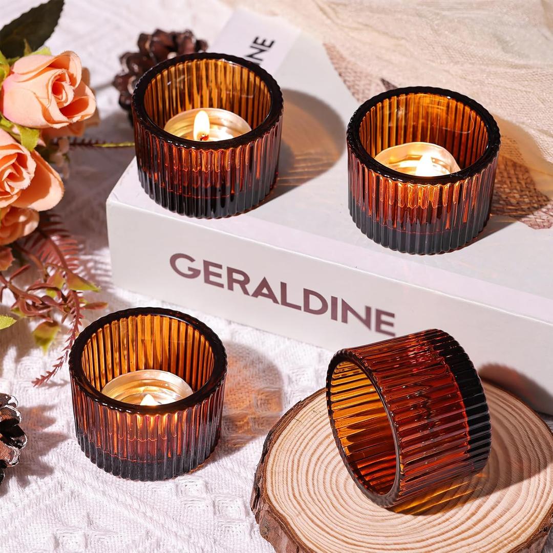 2 pcs Amber Tealight Candle Holders, Glass Votive Candle Holders Fall Decorations for Home Table Fall Wedding Centerpieces, Party Supplies and Vintage Decor