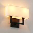 PERMO Wall Sconces Black Finish Double Sconce with White Textile Shades and On/Off Switch Button Wall Light Fixture for Living Room Bedroom Bedside Nightstand Light