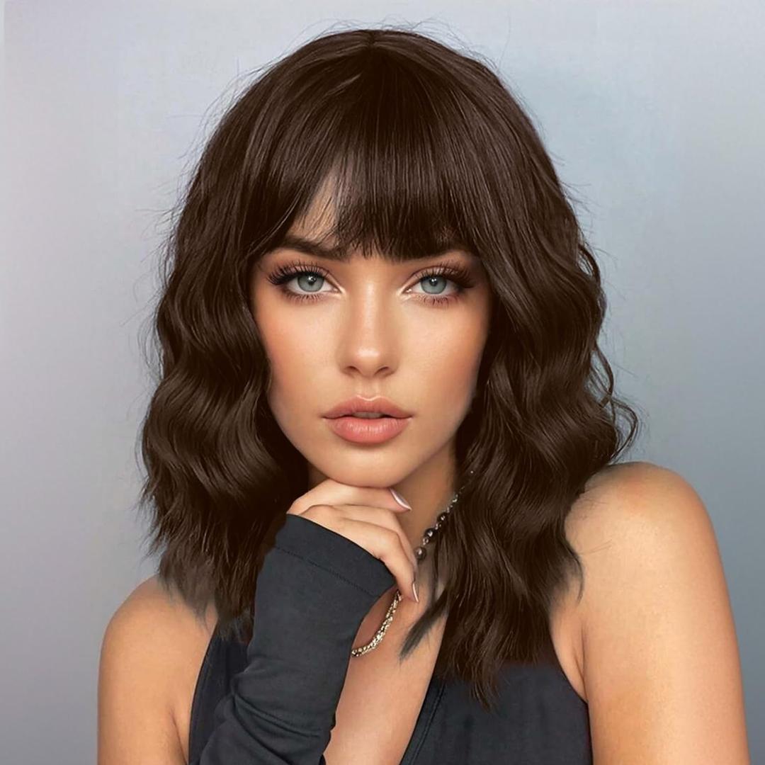 ENTRANCED STYLES Dark Brown Short Wavy Wig With Bangs Brown Wigs for Women 14inch Shoulder Length Bob Curly Wavy Wig Natural Wavy Synthetic Heat Resistant Fiber Hair for Daily Party Halloween Use