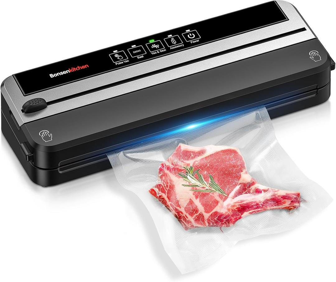 Bonsenkitchen Vacuum Sealer Machine, Built-in Cutter | Multifunctional Food Sealer for Sous Vide & Meal Prep, 5 Pre-Cut Bags, Silver-Black