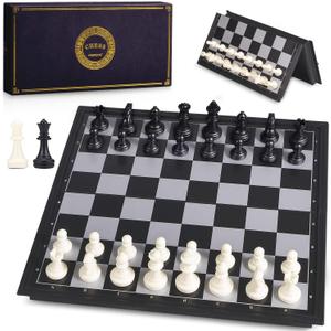 AMEROUS 10 Inches Magnetic Travel Chess Set with Folding Chess Board - 2 Extra Queens - Instructions for Beginner, Kids and Adults