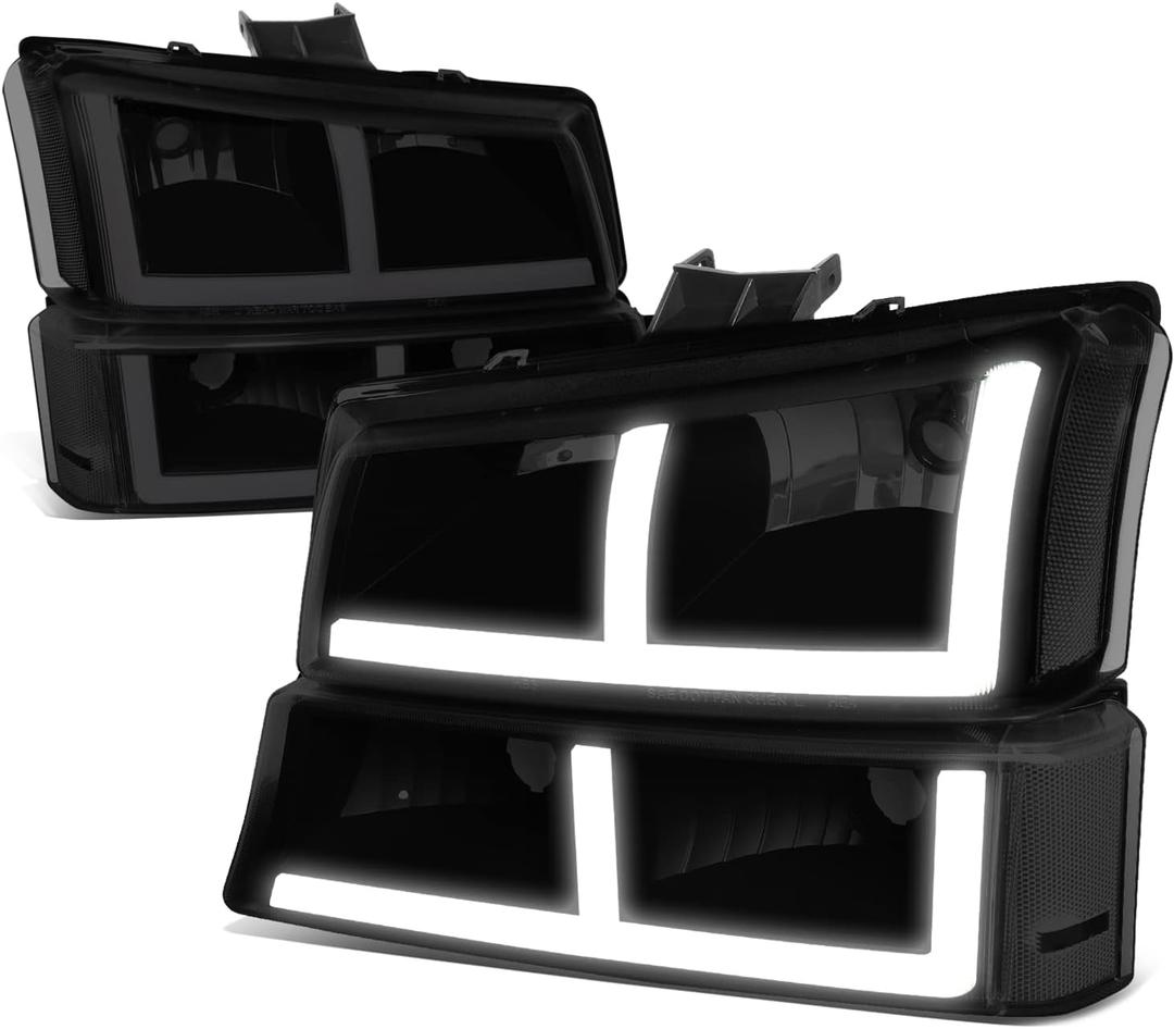 Dynasty LED DRL Headlights Assembly - Compatible with 2003-2007 Chevy Avalanche Silverado 1500 2500 3500, 4Pcs Headlamps with LED Signal, Switchback DRL, Black Housing Smoked Lens Clear Corner