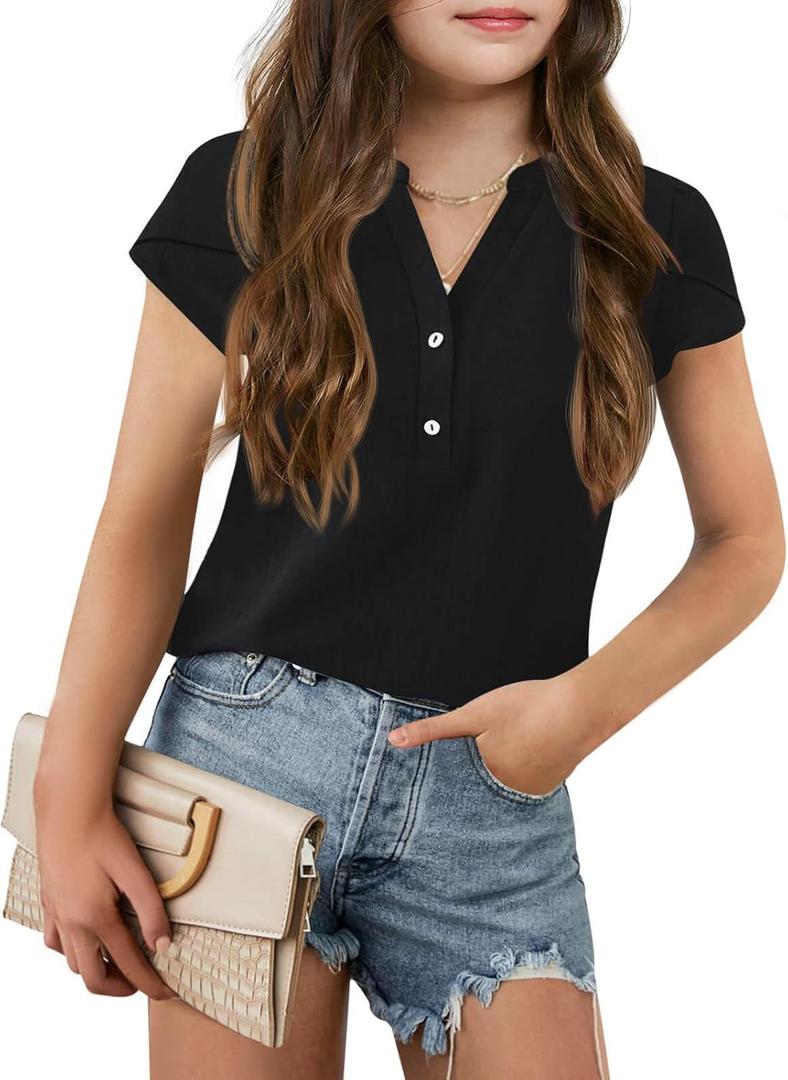 Haloumoning Girls Petal Short Sleeve T Shirts V-Neck Solid Summer Casual Tops for 5-14 Years (Black) 160 (13-14 Years old)