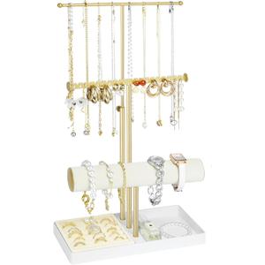 Jenseits 3-Tier Jewelry Holder Organizer:17.1" Adjustable Hanger, Velvet Ring Tray, Metal Aesthetic Display Stand for Necklaces, Earrings, Bracelets, Watches, Gold Jewelry Storage Tower Tree for Women