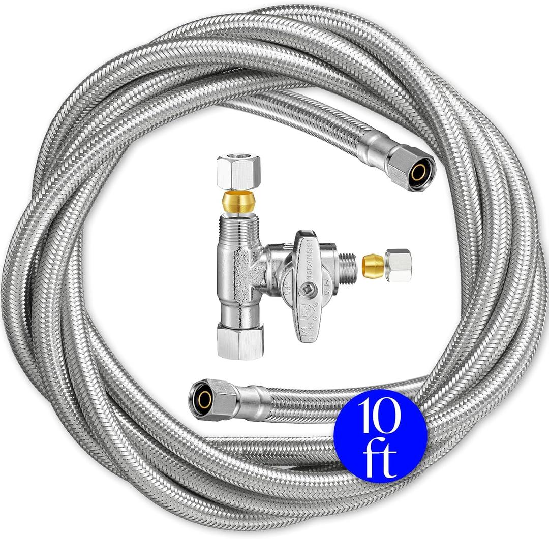 Refrigerator Ice Maker Water Line Kit - 10' Braided Stainless Steel Fridge Water Line with 1/4" Compression Fittings Pex Tubing Core and Water Splitter
